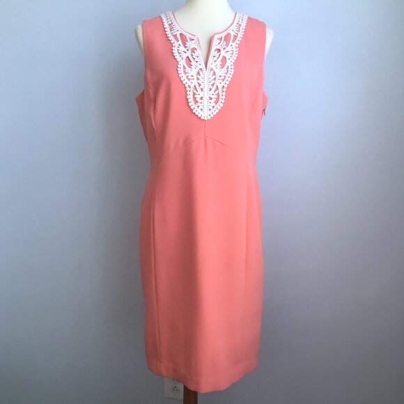 Sharagano Noir Peach Salmon Crochet Lace Collar Sheath Crepe Suit Dress 12 - Picture 1 of 10